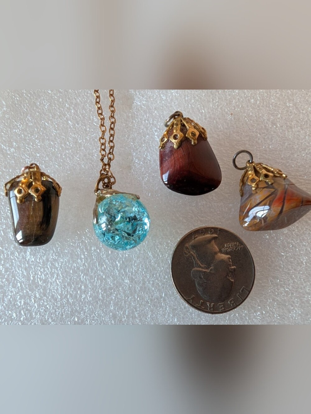Aquamarine Glass Pendant Necklace with Gold-Tone Cap And 3 Additional Stones